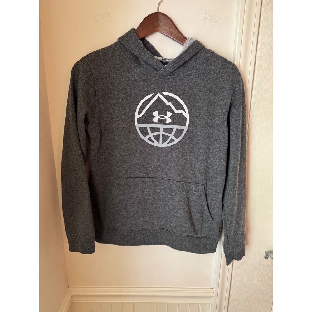 Under Armour Boys Gray Mountain Globe Graphic Fleece Hoodie‎ Youth Large YL